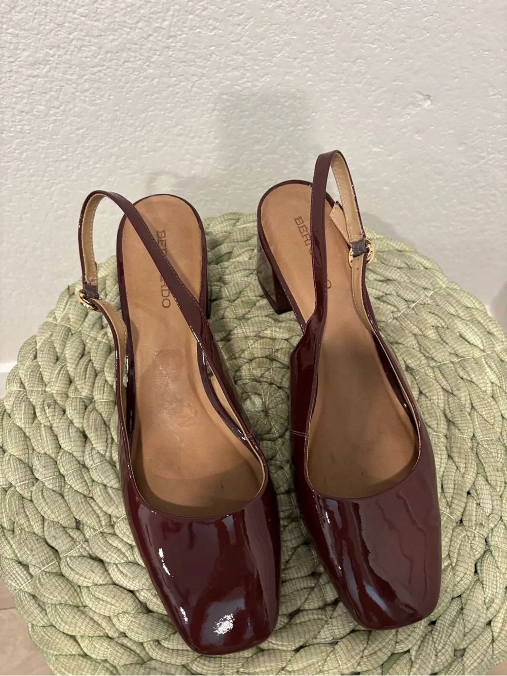 Bernardo Alexia Deep Burgundy Patent Leather Slingback Block Heel Pumps